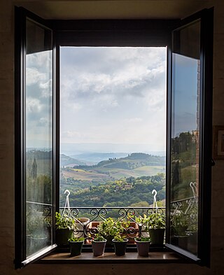 Window in a cafe in San Gimignano, Italy