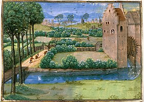 Landscape with a watermill - Le Tresor des Histoires (15th C), f.345v - BL Cotton MS Augustus V