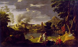 Poussin. Landscape with Orpheus and Eurydike (1650-1, Louvre)